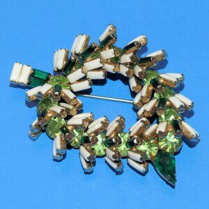 Vintage Rhinestone Brooch Pin Green White Baguettes Faceted Prong Set Gold Tone